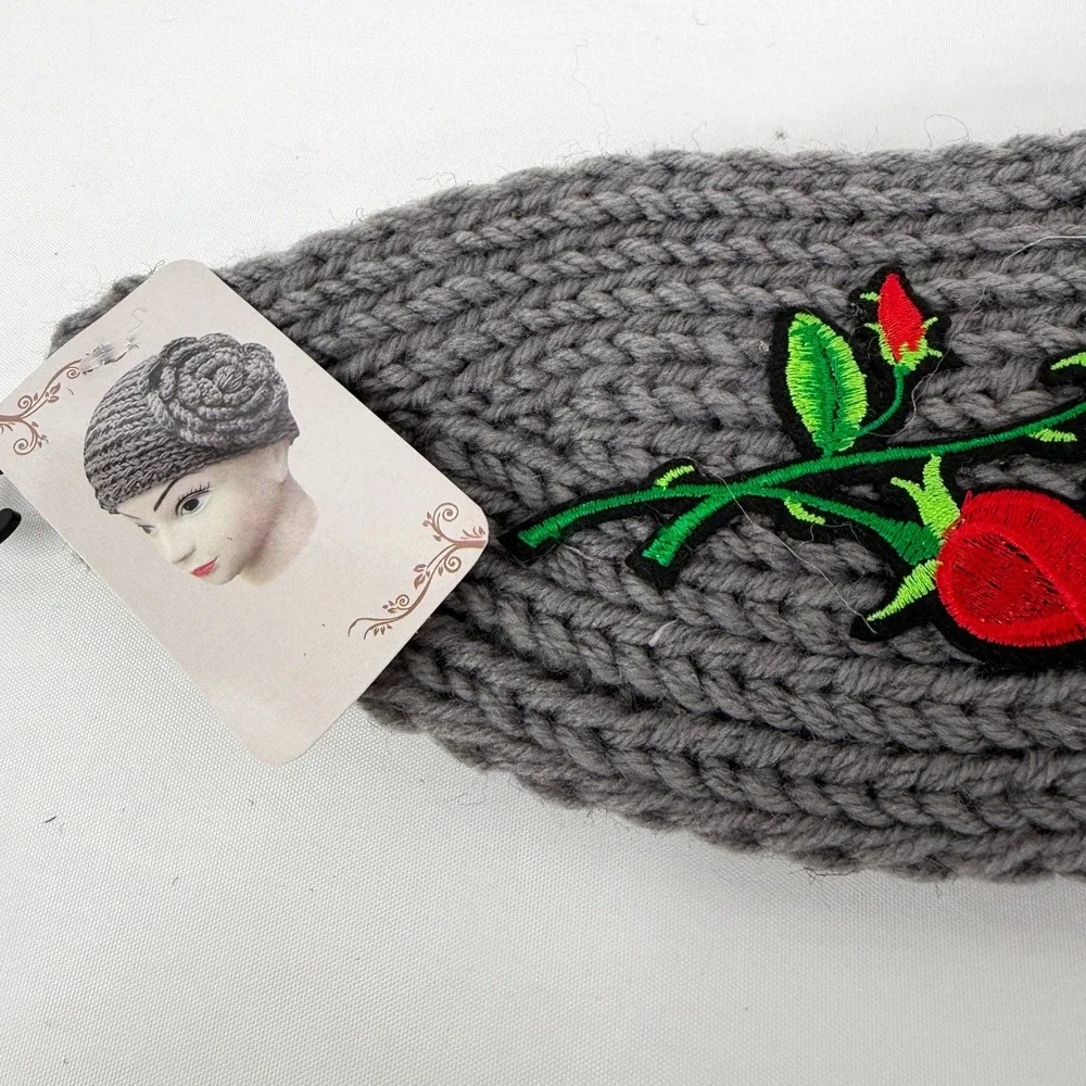 Womens Grey Knit Headband Red Rose Floral Embroidered Ear Warmer WT-510068